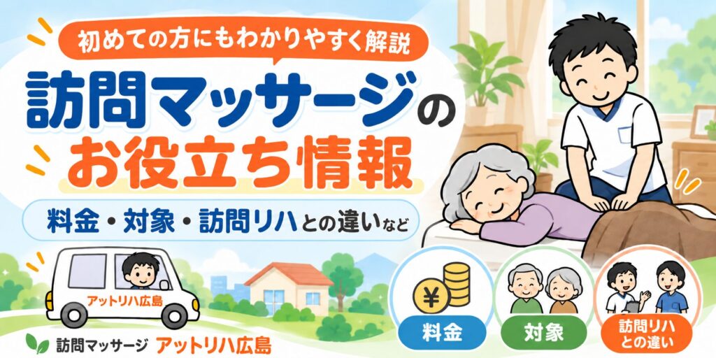 訪問マッサージのお役立ち情報｜料金・対象・訪問リハとの違いなど｜アットリハ広島